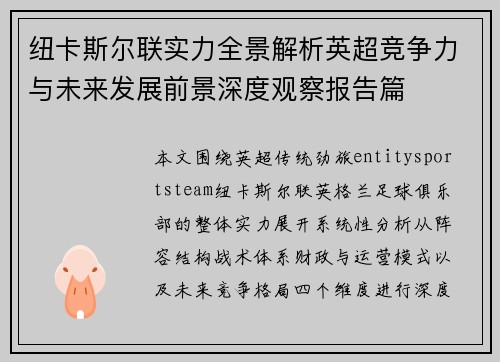 纽卡斯尔联实力全景解析英超竞争力与未来发展前景深度观察报告篇